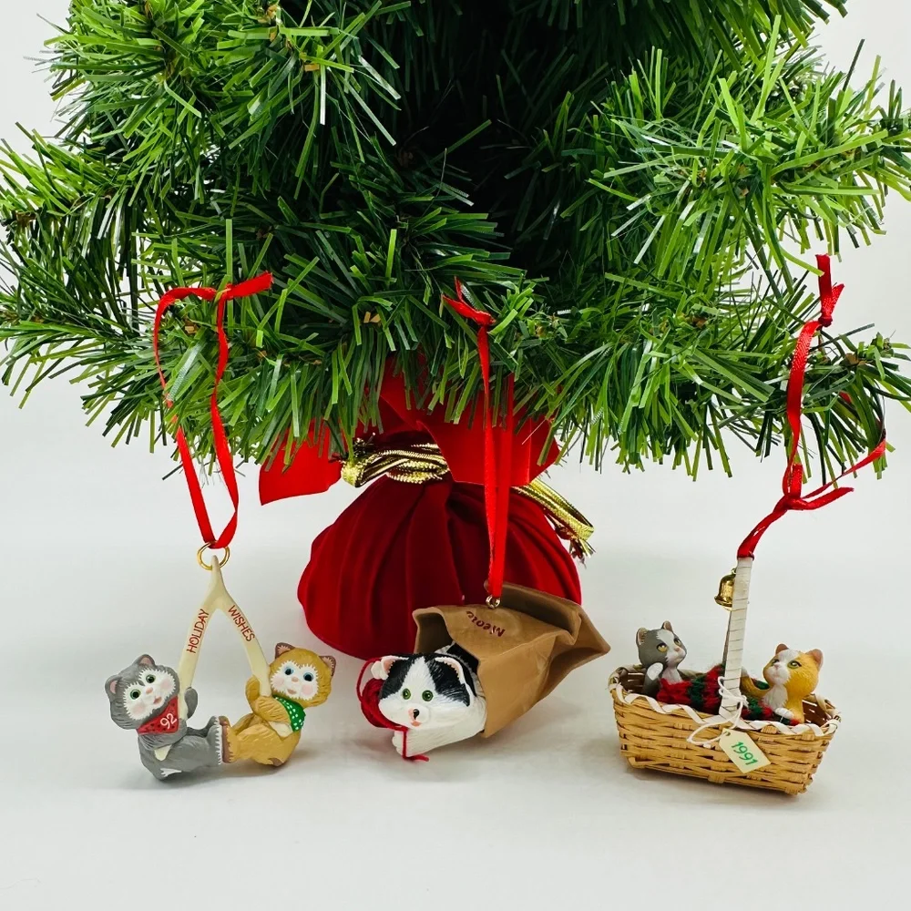 Hallmark Cat Ornaments 1990-1992 Meow Mart, Basket Bell Players, Holiday Wishes